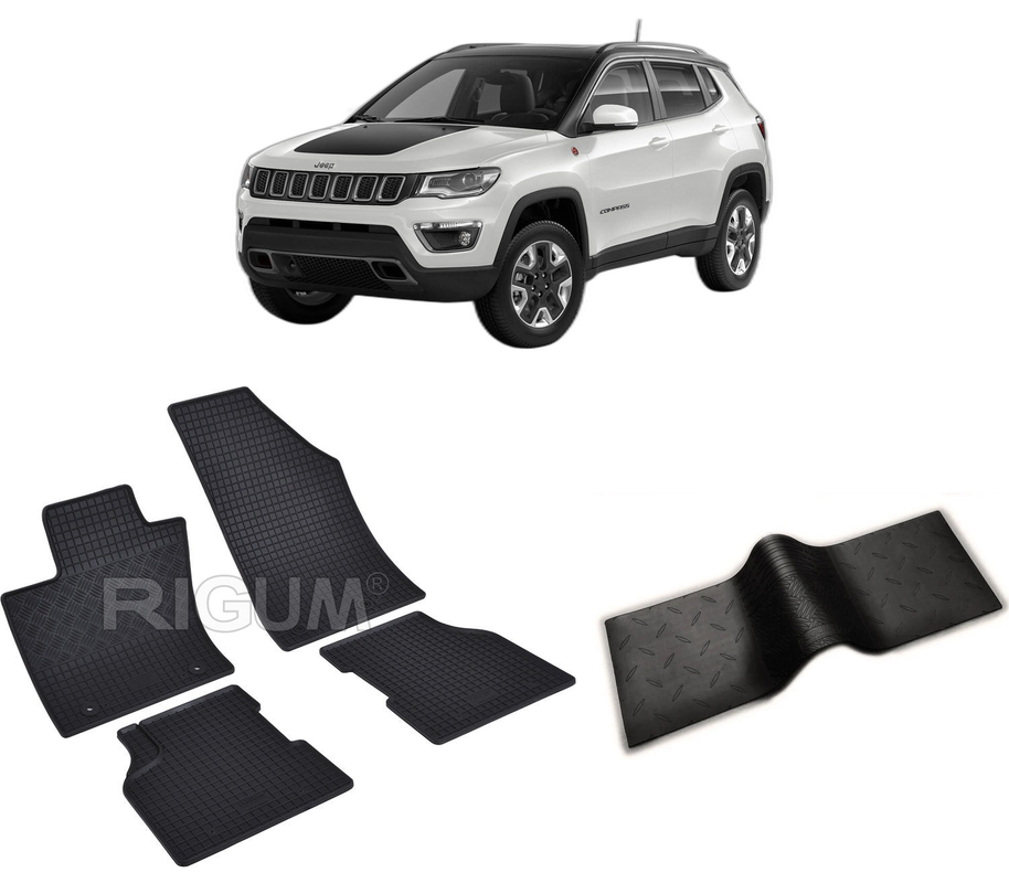 Set covorase auto JEEP COMPASS II din 08.2017-PREZENT, cu covoras tunel median, CAROSERIE SUV INCLUSIV FACELIFT, Presuri cauciuc 100%, compatibil cu autoturismul JEEP COMPASS II, Rigum
