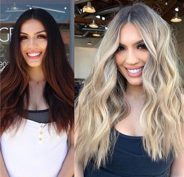 Color change of long thick strong dark copper hair to blonde