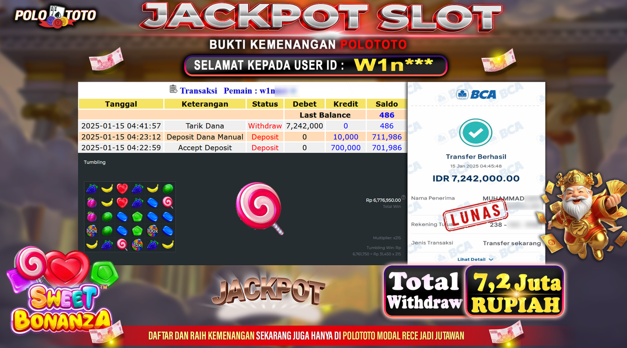 POLOTOTO JACKPOT SLOT SWEET BONANZA 1000 Rp.7,242.000,-
