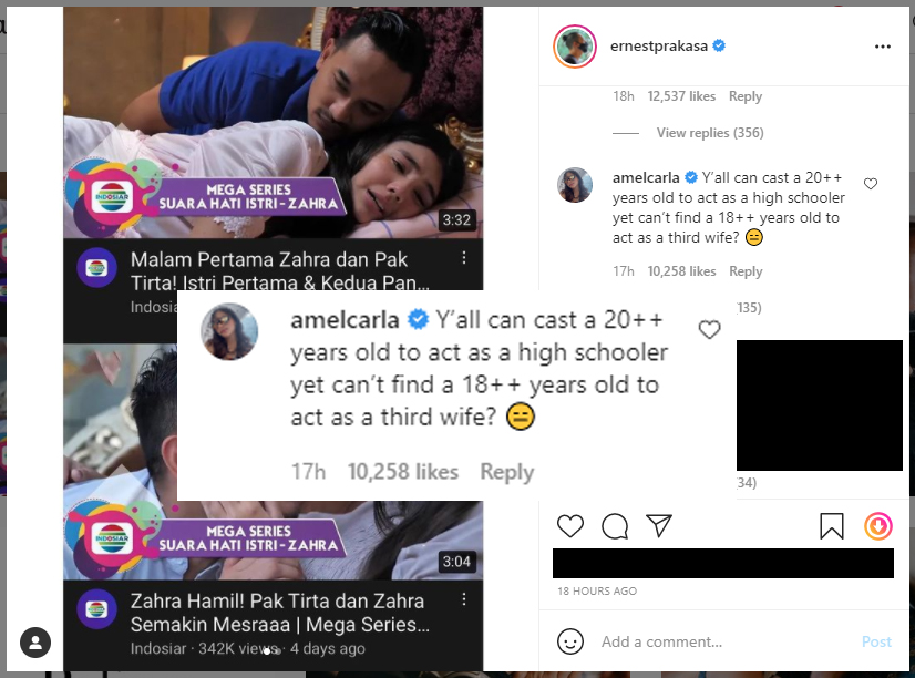Amel Carla komentari postingan Ernest Prakasa, ia merasa heran dengan rumah produksi yang mempekerjakan aktris di bawah umur untuk adegan dewasa.