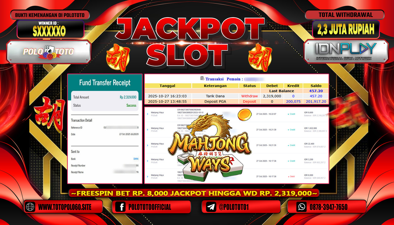 POLOTOTO JACKPOT SLOT MAHJONG WAYS Rp.2.300.000,- LUNAS