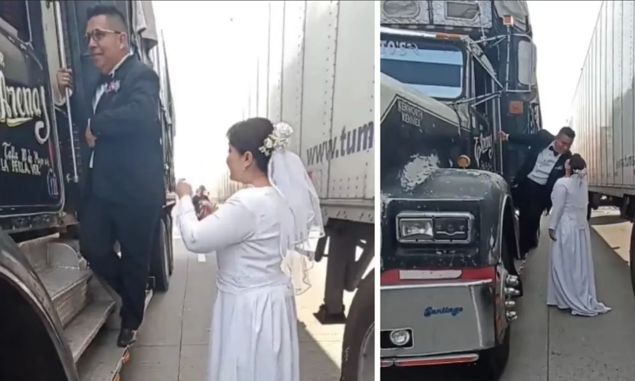 Recién casados aprovechan bloqueo en la México-Puebla y arman sesión de fotos