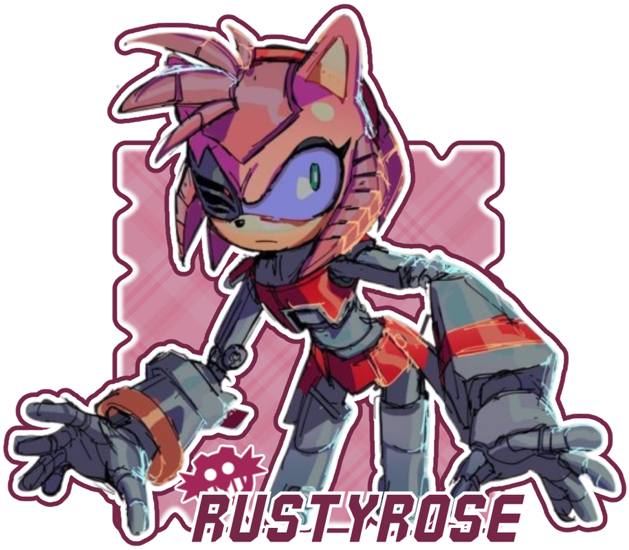 Messy, rushed graphic depicting Rusty Rose from Sonic Prime. Art by @baehunterkisser on Twitter.