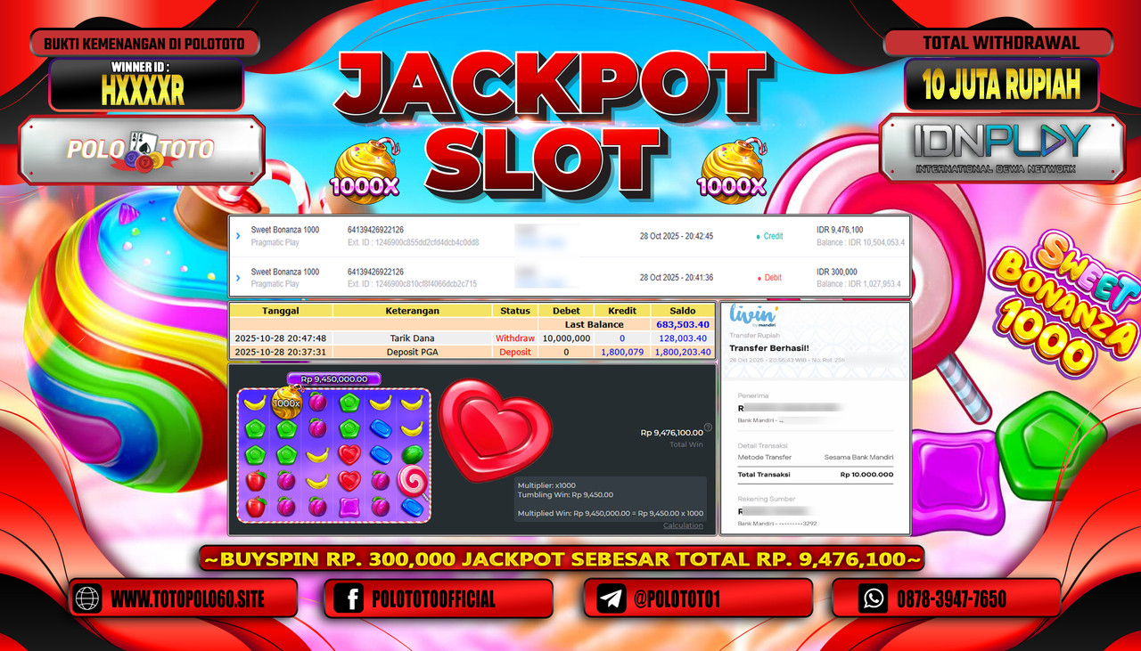 POLOTOTO JACKPOT SLOT SWEET BONANZA 1000 Rp.10.000.000,- LUNAS