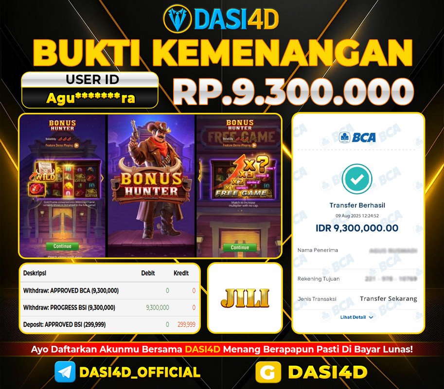 BUKTI KEMENANGAN 09 AGUSTUS 2025 DI BONUS HUNTER WD 9.300.000