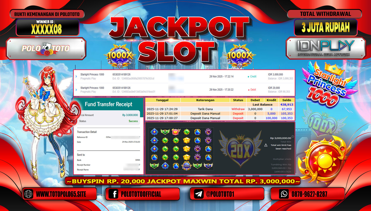 POLOTOTO JACKPOT SLOT STARLIGHT PRINCESS 1000 Rp.3.000.000,- LUNAS