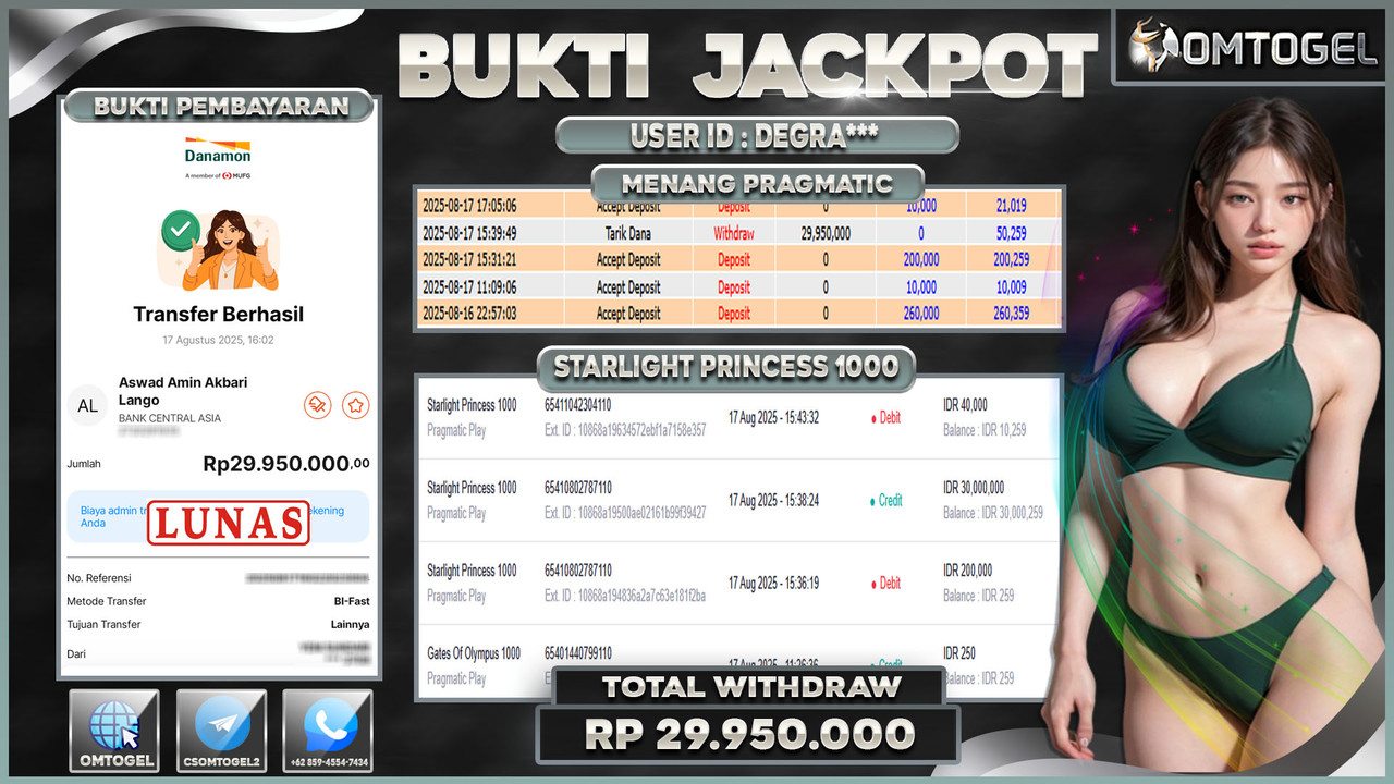 OMTOGEL JACKPOT PRAGMATIC PLAY STARLIGHT PRINCESS 1000 29 JUTA DI BAYAR LUNAS ,-