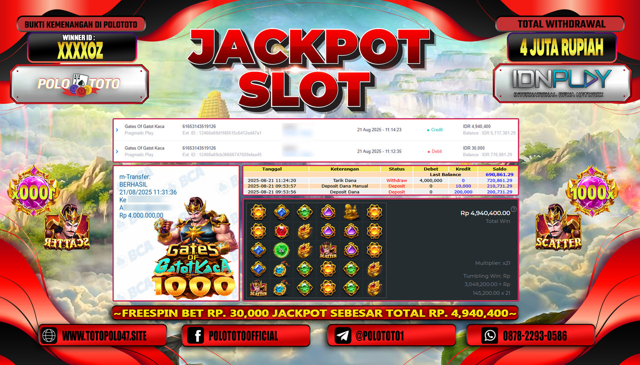 POLOTOTO JACKPOT SLOT GATES OF GATOT KACA Rp.4.000.000,- LUNAS
