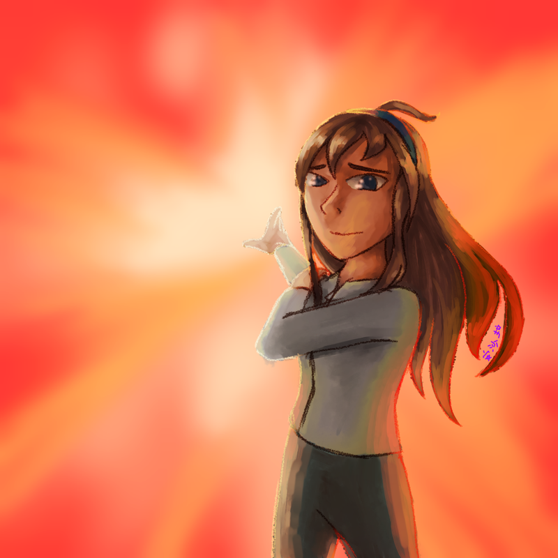 A digital drawing of Dia, facing the camera, holding her hand up in such a way that she is back-lit by a wall of flame. While she is smiling, her expressiion holds a hint of sadness.