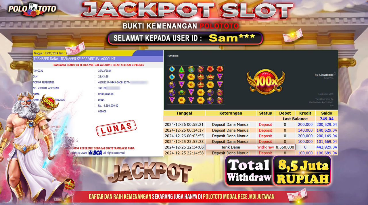 POLOTOTO JACKPOT SLOT GATES OF OLYMPUS Rp.8,550.000,-