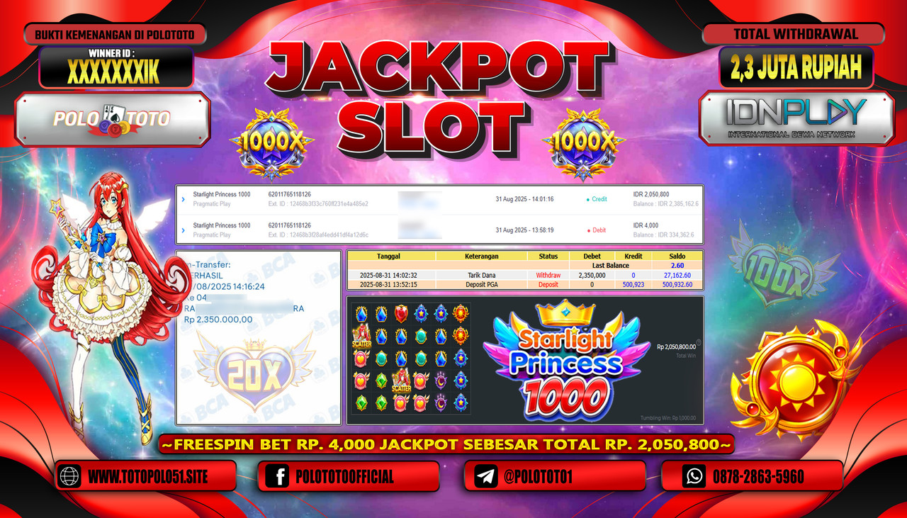 POLOTOTO JACKPOT SLOT STARLIGHT PRINCESS 1000 Rp.2.300.000,- LUNAS