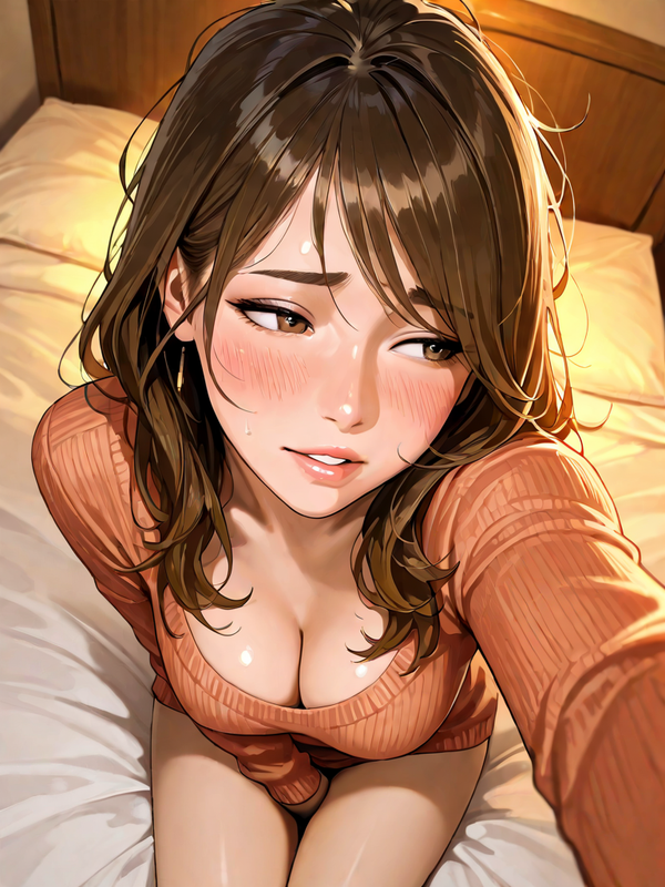 Masturbating, shy, sweater, sitting on bed