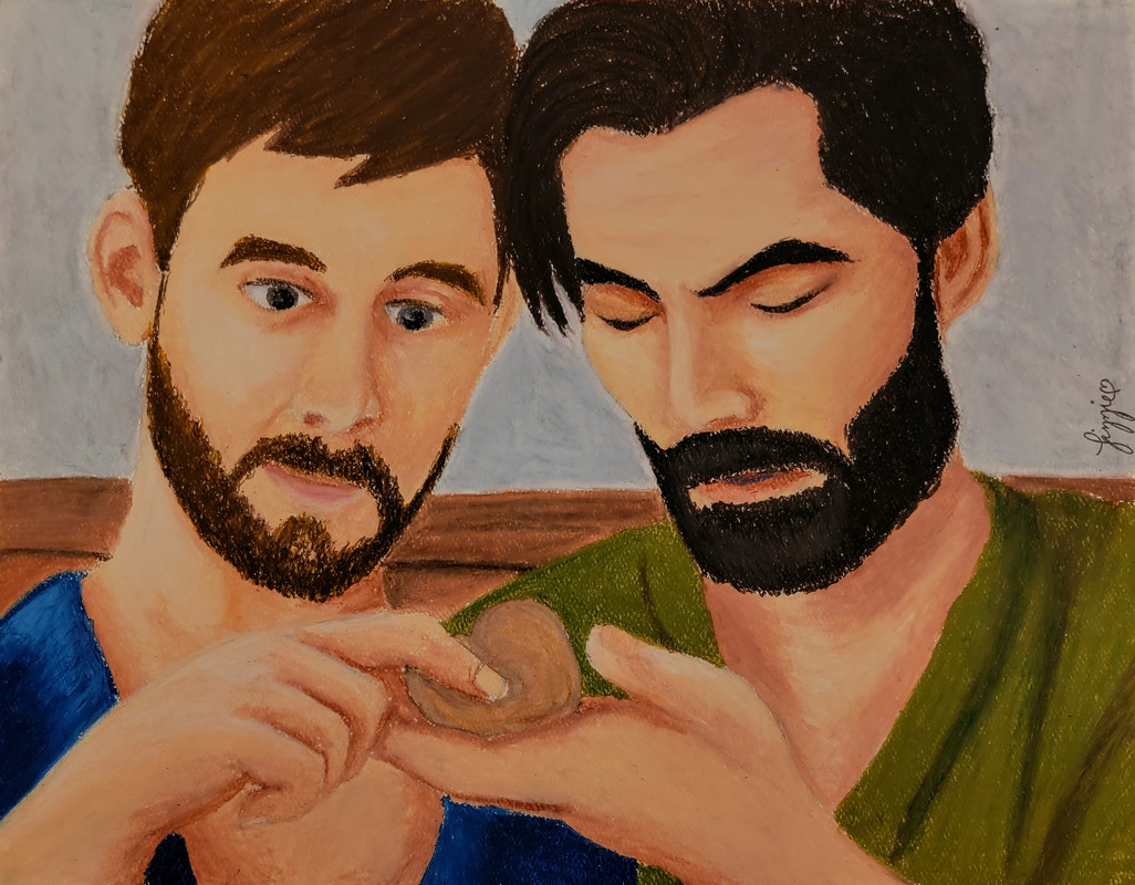 Jake and Mutt sit next to each other in bed. Mutt holds the heart he has carved in the palm of his hand while Jake gently touches it