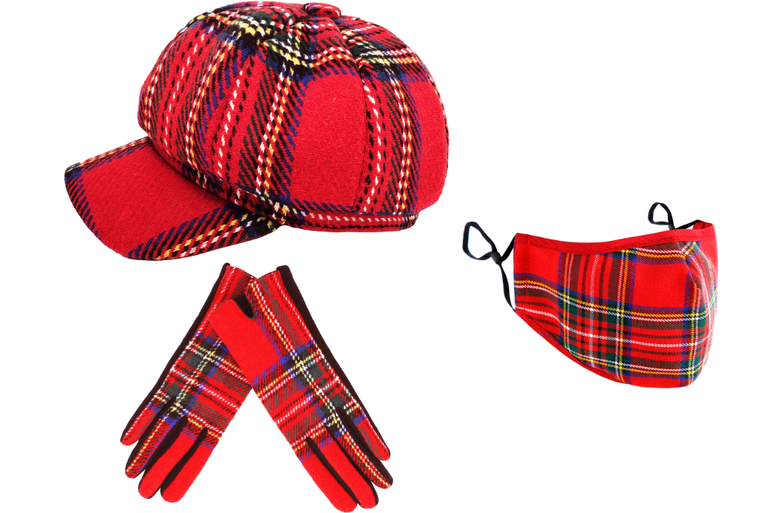 Baker boy hat, face mask and gloves set