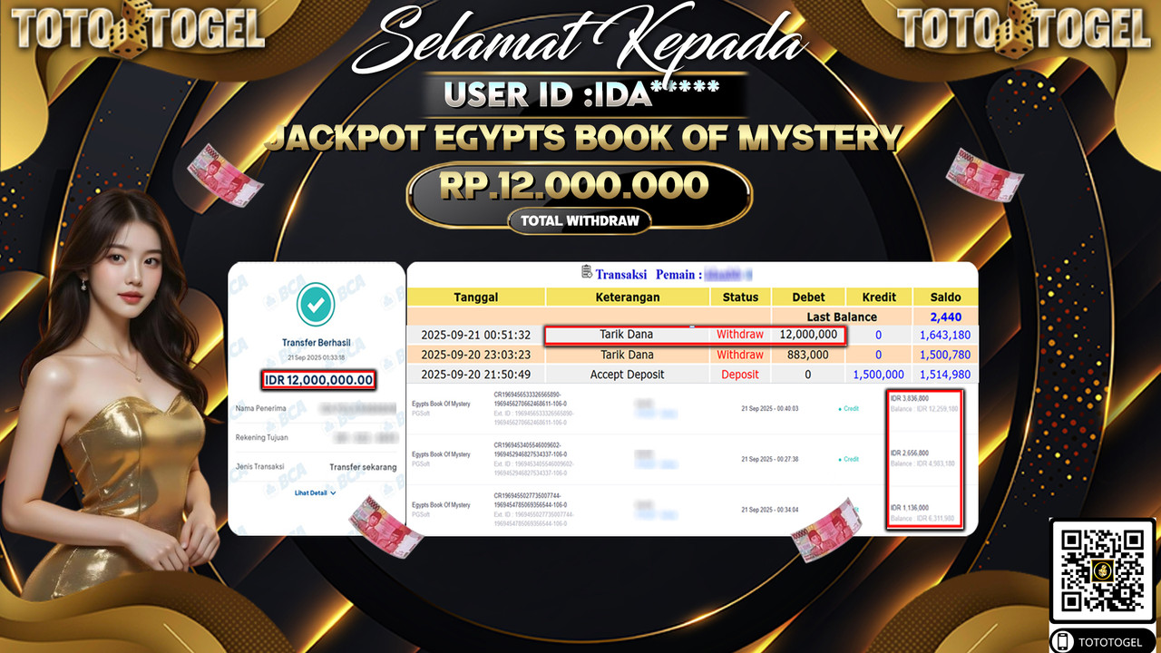 Bukti Pembayaran Jackpot Permainan Slot Egypts Book Of Mystery ID:IDA*** LUNAS