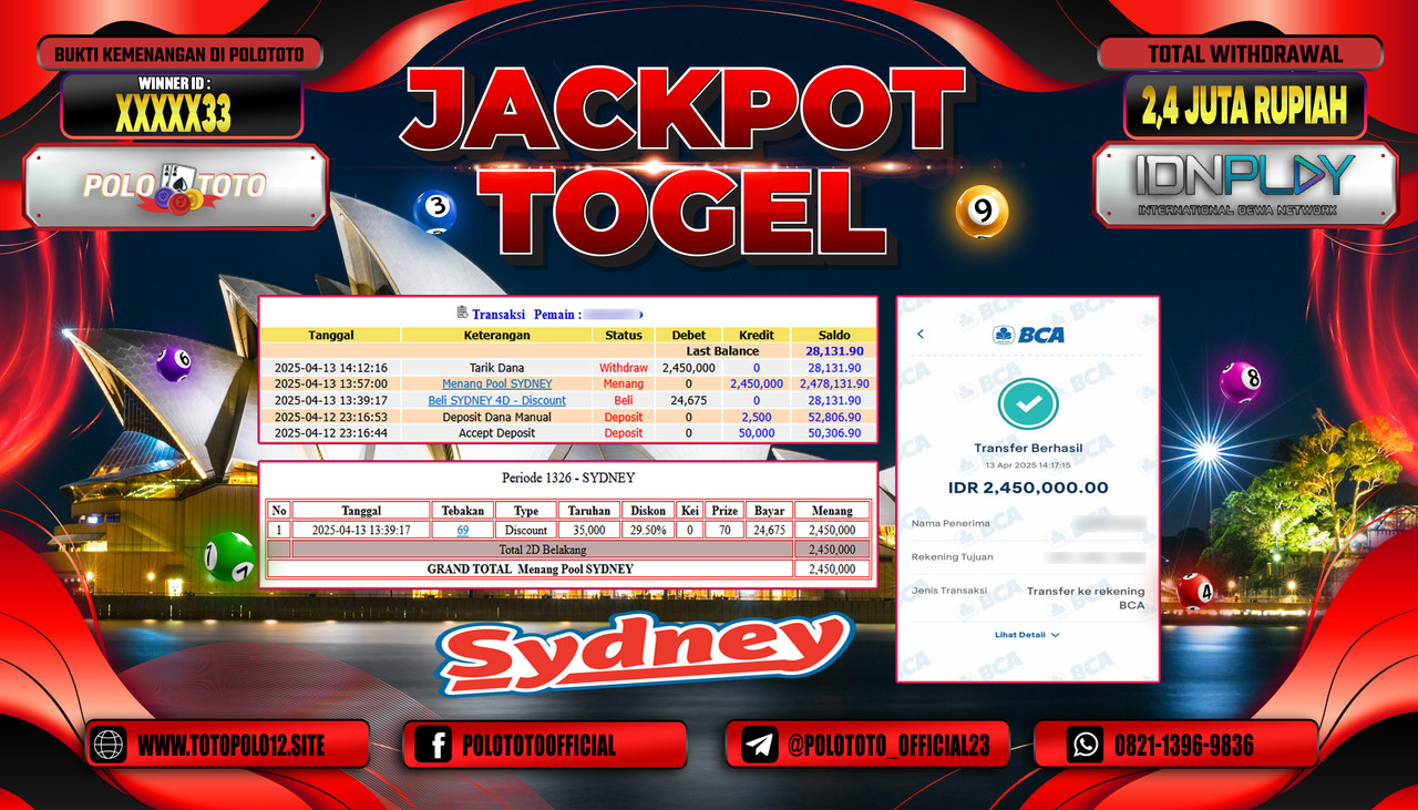 POLOTOTO JACKPOT TOGEL SYDNEY LOTTO Rp.2.450.000,-