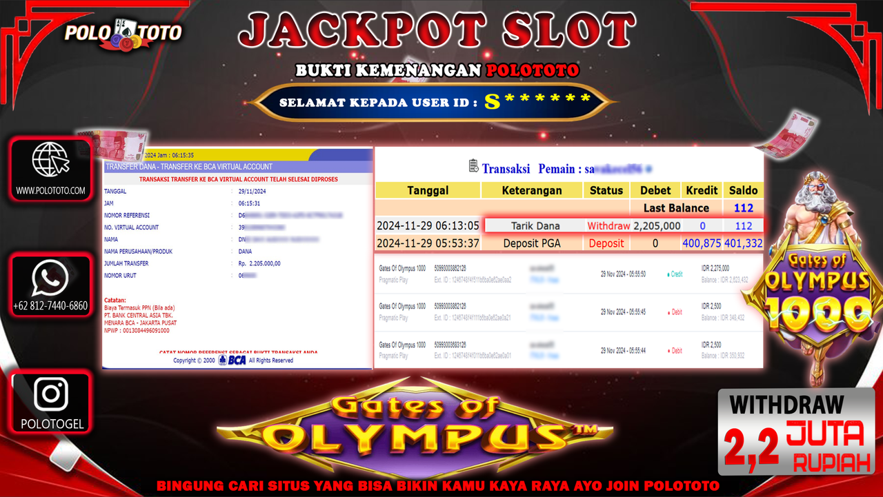 POLOTOTO JACKPOT SLOT GATES OF OLYMPUS 1000 Rp.2,205.000,-