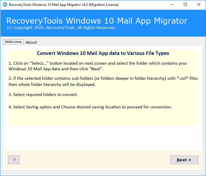 RecoveryTools Windows 10 Mail App Migrator 4.2