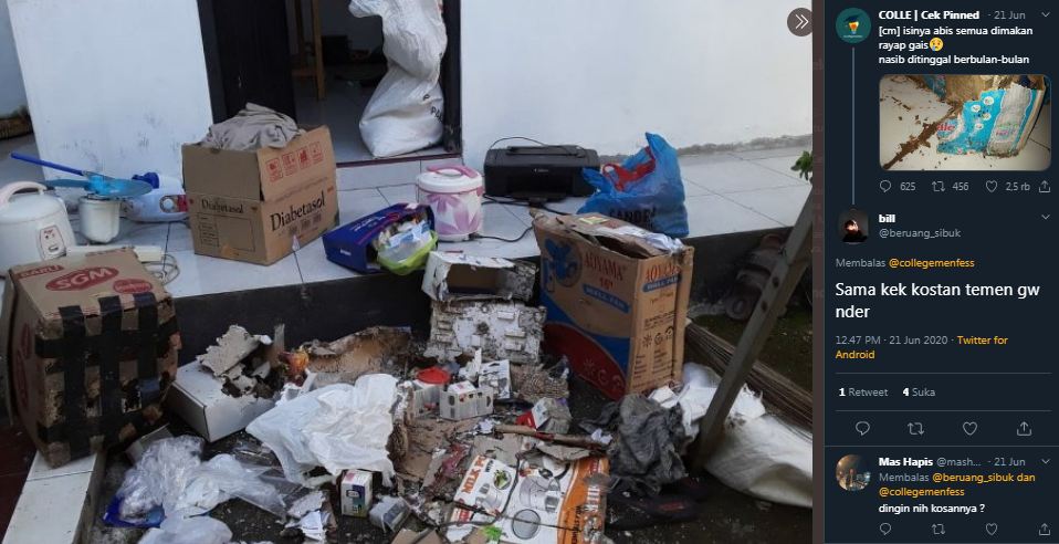 Kondisi kamar kos yang lama ditinggal penghuni selama pandemi corona.