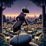 DALL-E-2023-10-24-17-33-24-Illustration-of-a-twilight-scene-in-the-garden-The-dapper-ant-stands-a