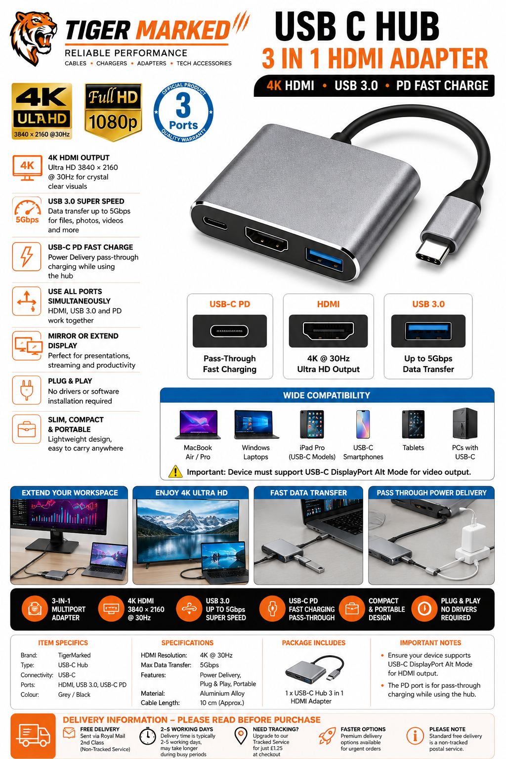 TigerMarked USB-C Hub 3 in 1 with 4K HDMI, USB 3.0 and PD Charging