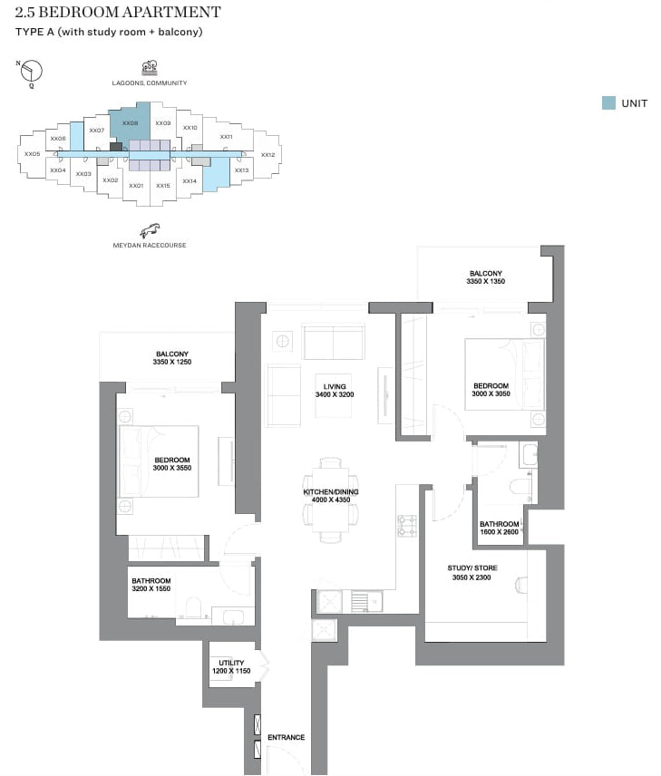 Unit layout keyplan for the 2.5-bedroom apartment at 340 Riverside Crescent in Sobha Hartland II showing the internal configuration and balcony placement for this Distress Deal property