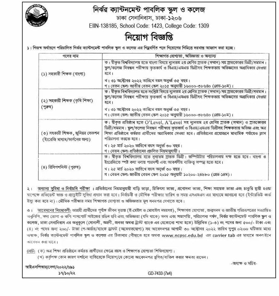 Nirjhor Cantonment Public School and College Job Circular 2022