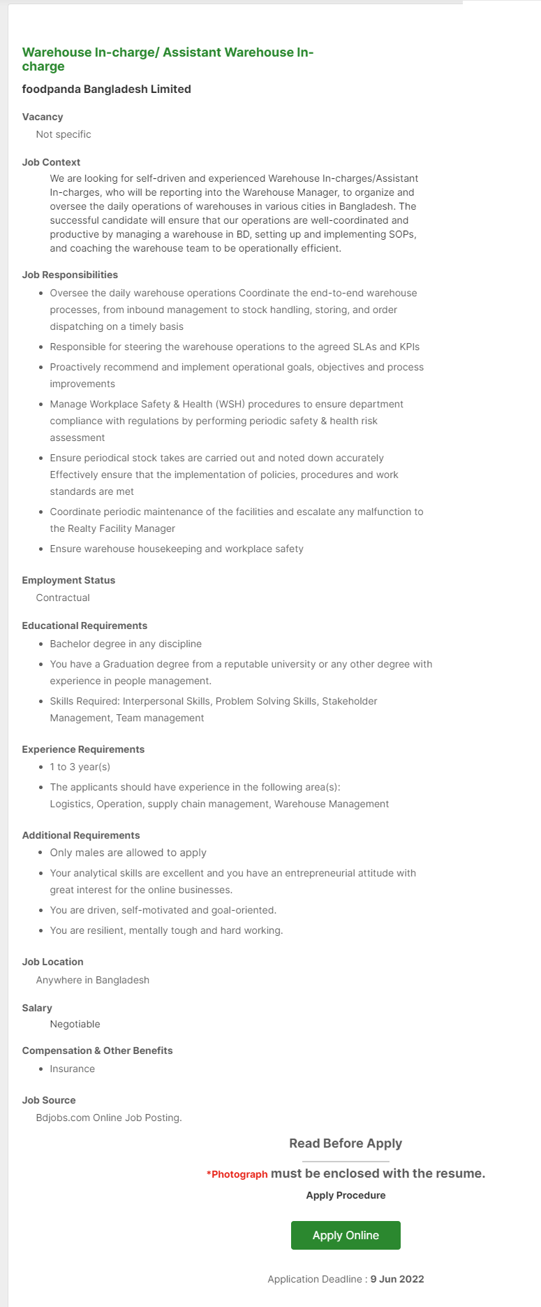 FoodPanda Bangladesh Limited Job Circular 2022