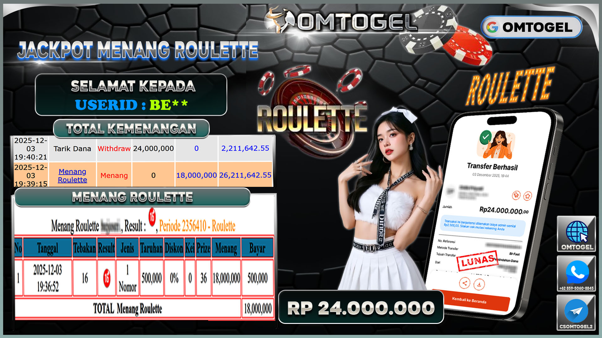 OMTOGEL JACKPOT LIVE GAMES ROULETTE ,24 JUTA DI BAYAR LUNAS ,-