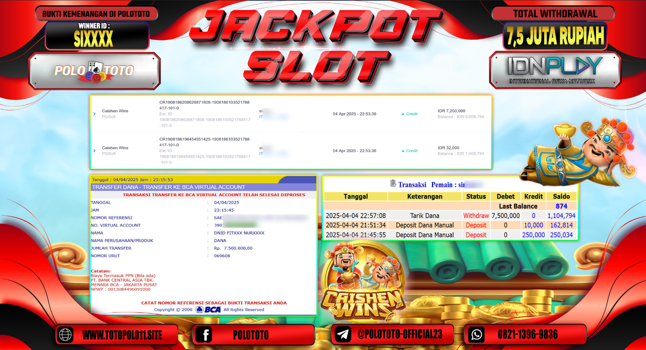 POLOTOTO JACKPOT SLOT CAISHEN WINS Rp.7.500.000,- LUNAS