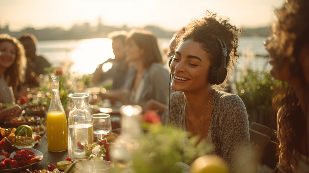 Девушка в наушниках слушает музыку на своем празднике