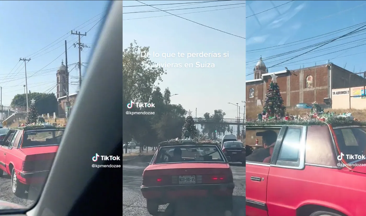 Decoración navideña en un carro se viraliza, hasta el nacimiento llevaba