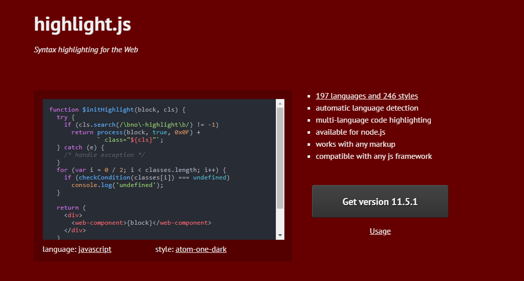 code highlighting example with js and the style atom-one-dark on the highlight.js website