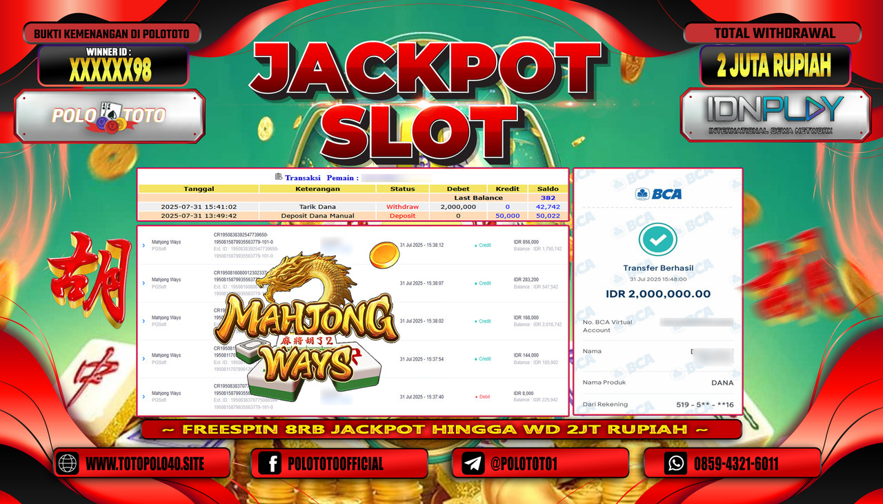 POLOTOTO JACKPOT SLOT MAHJONG WAYS Rp.2.000.000,-LUNAS