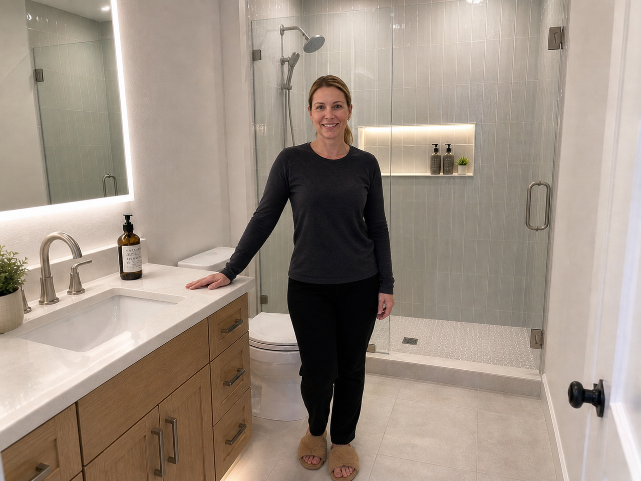 Client after bathroom remodel