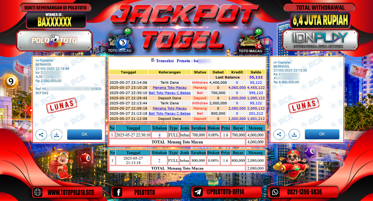 POLOTOTO JACKPOT TOGEL TOTO MACAU Rp.6.600.000,-