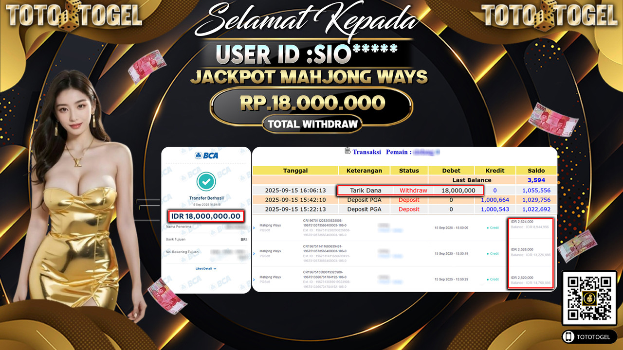 Bukti Pembayaran Jackpot Permainan Slot Mahjong Ways ID:SIO***** LUNAS