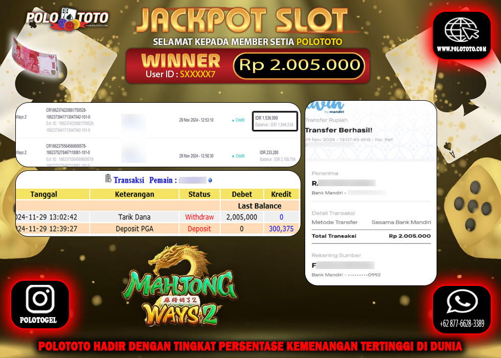 POLOTOTO JACKPOT SLOT MAHJONG WAYS 2 Rp.2,005.000,-