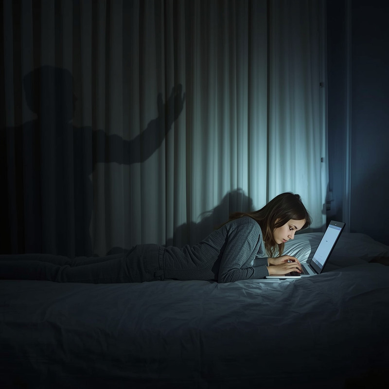 Leonardo-girl working on her laptop-shadow guy behind the curtains