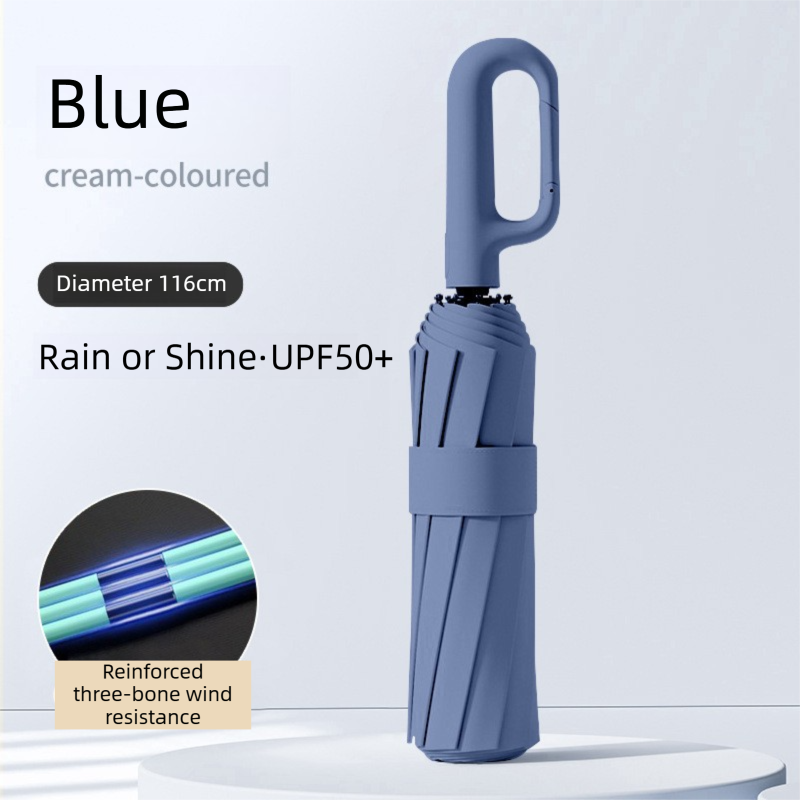 Blue Heavy Duty Fully Automatic Carabiner Umbrella with Integrated Hook Handle (Diameter 116CM) - Ultra Windproof and UV Protective Sun & Rain Umbrella