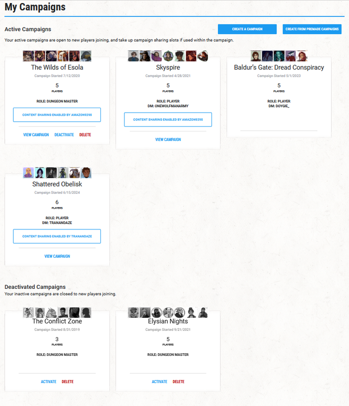 A campaign page with an inactive campaign in the active campaign section