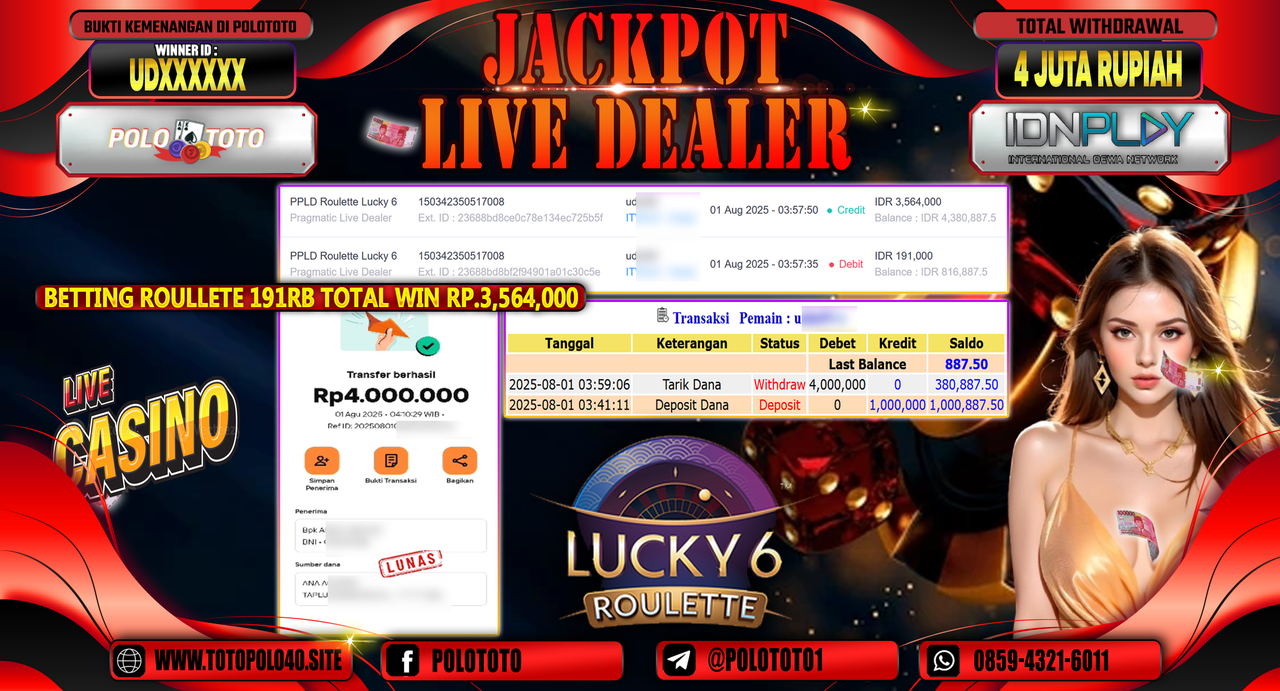 POLOTOTO JACKPOT LIVE DEALER PPPLD ROULETTE LUCKY 6 Rp.4.000.000,-LUNAS