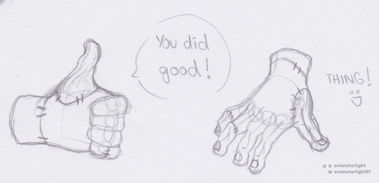 My drawing of Thing. One is of him as a left hand and another as a right hand.