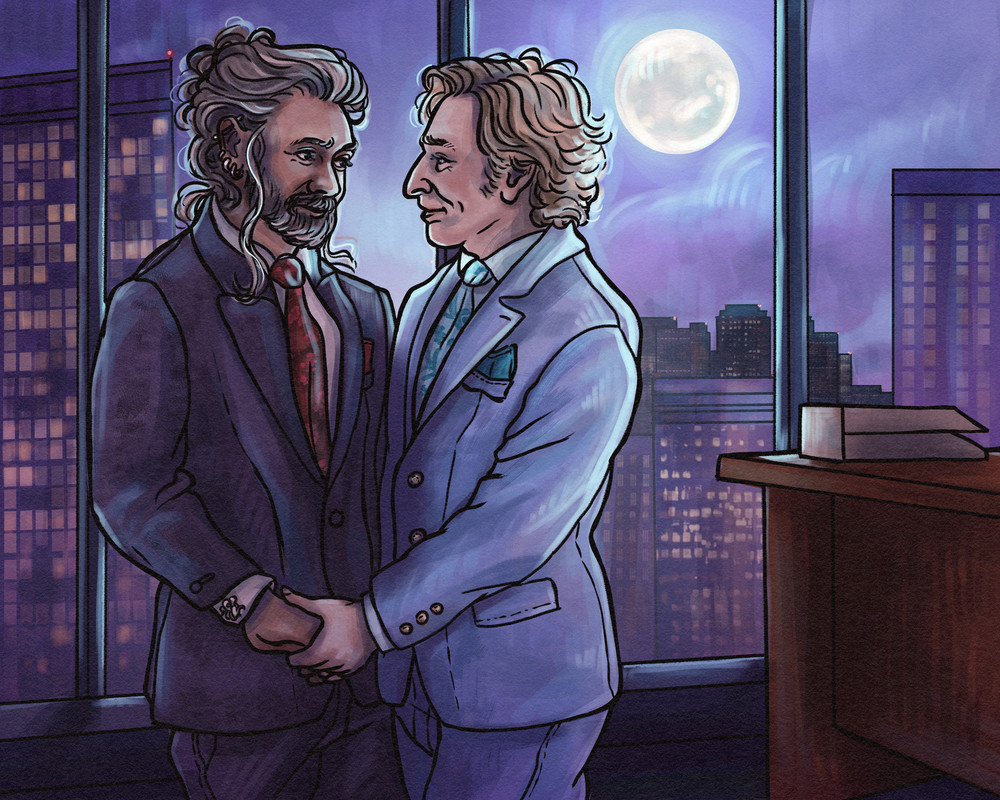 Color drawing of Ed dressed in a black suit, red floral tie, red pocket square, octopus cufflinks and hair in messy bun; Stede dressed in turquoise suit with teal and turquoise floral tie and teal pocket square. They are holding hands, standing in Stede's corporate office in the dark in front of his floor to ceiling windows. Outside is a view of skyscrapers with lights on in the windows and a large full moon hovers on the right.