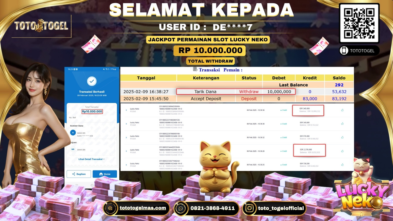 Bukti Pembayaran Jackpot  Permainan Slot Lucky Neko  ID:DE****7  LUNAS