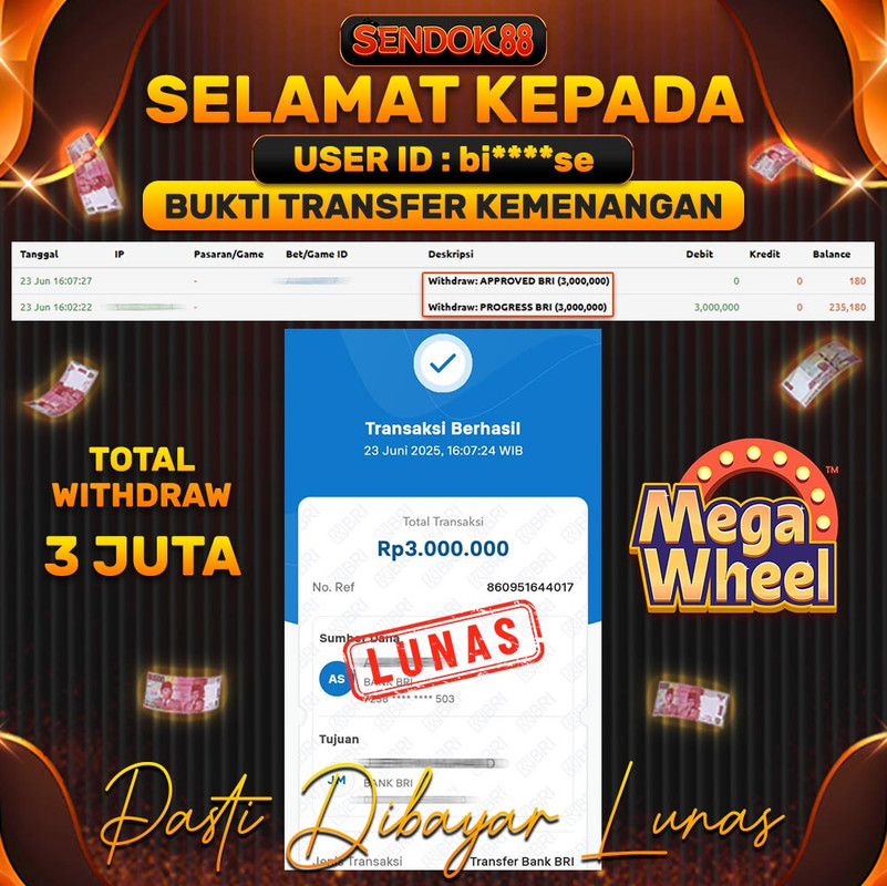 SENDOK88 JEPE! LIVE CASINO MEGA WHEEL Rp 3.000.000,- LUNAS!