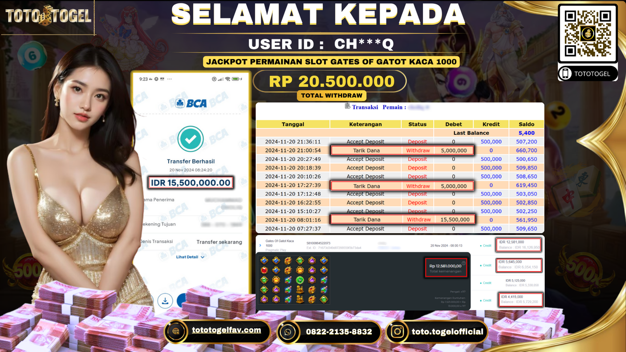 Bukti Pembayaran Jackpot Permainan Slot Gates Gatot Of Gatot Kaca 1000  ID: CH***Q LUNAS 
