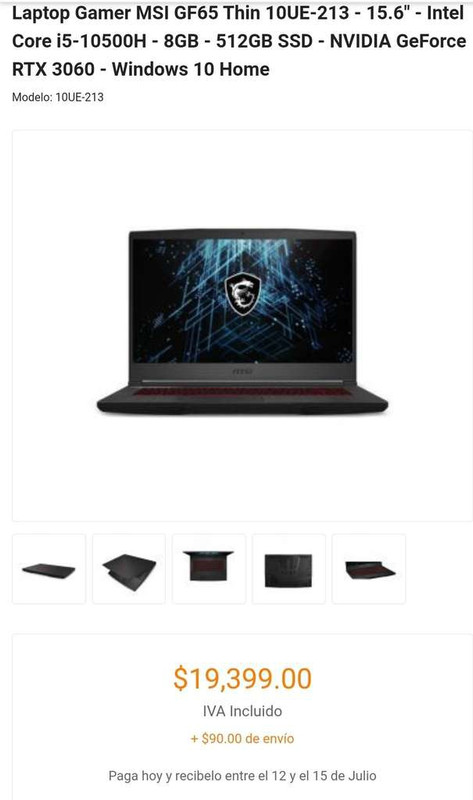 Intercompras: Laptop Gamer MSI GF65 Thin 10UE-213 - 15.6" - Intel Core i5-10500H - 8GB - 512GB SSD - NVIDIA GeForce RTX 3060 
