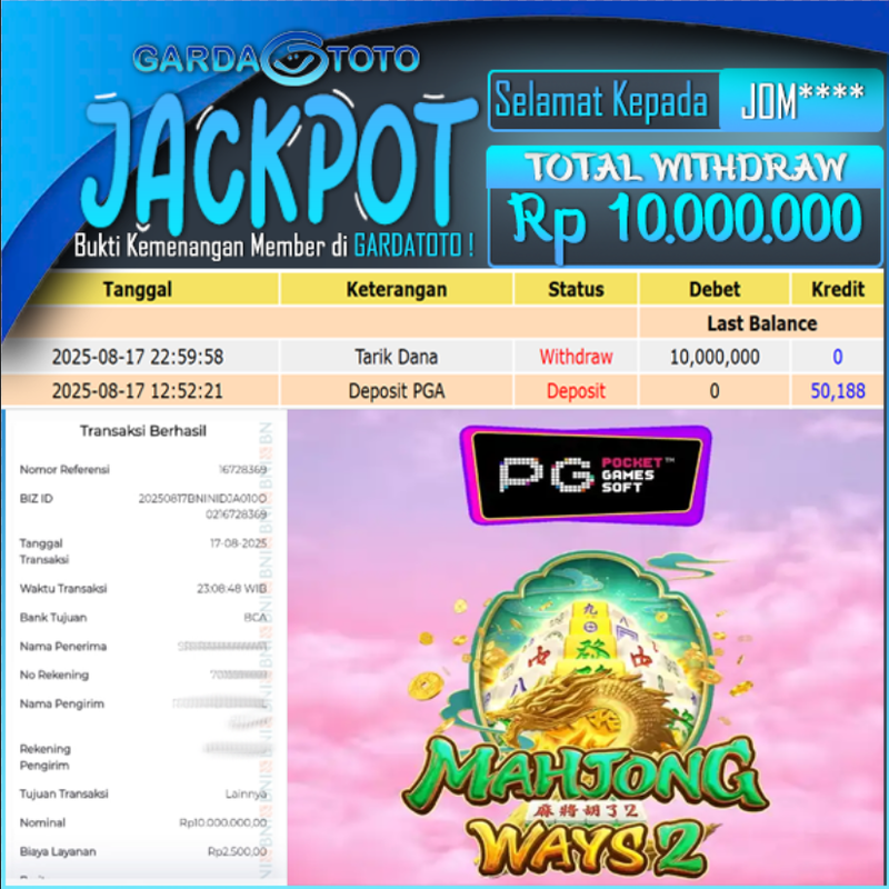 JACKPOT MAIN DI SLOT PG SOFT MAHJONG WAYS 2 WD Rp 10,000,000
