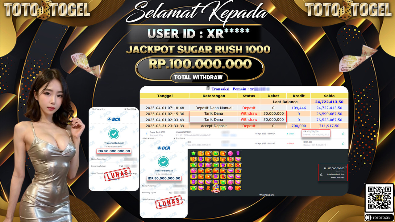 Bukti Pembayaran Jackpot  Permainan Slot Sugar Rush 1000 ID:XR**** LUNAS